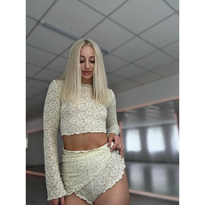 Nude Lace — комплект для тверку з бежевого мережива (топ + шорти)