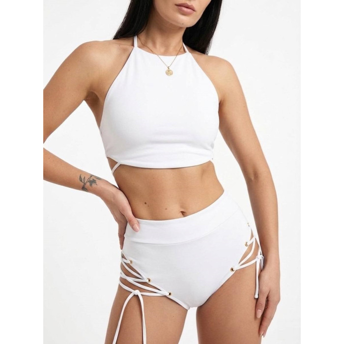 білі шорти для тверку на зав’язках із золотистими люверсами